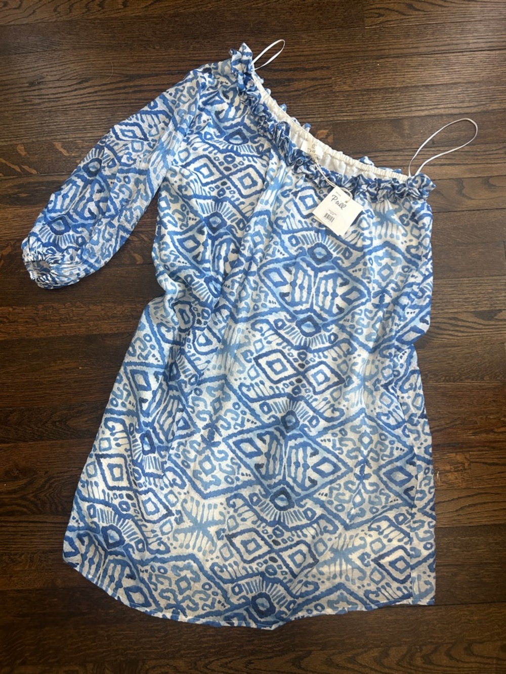 Blue & White One-Shoulder Printed Dress